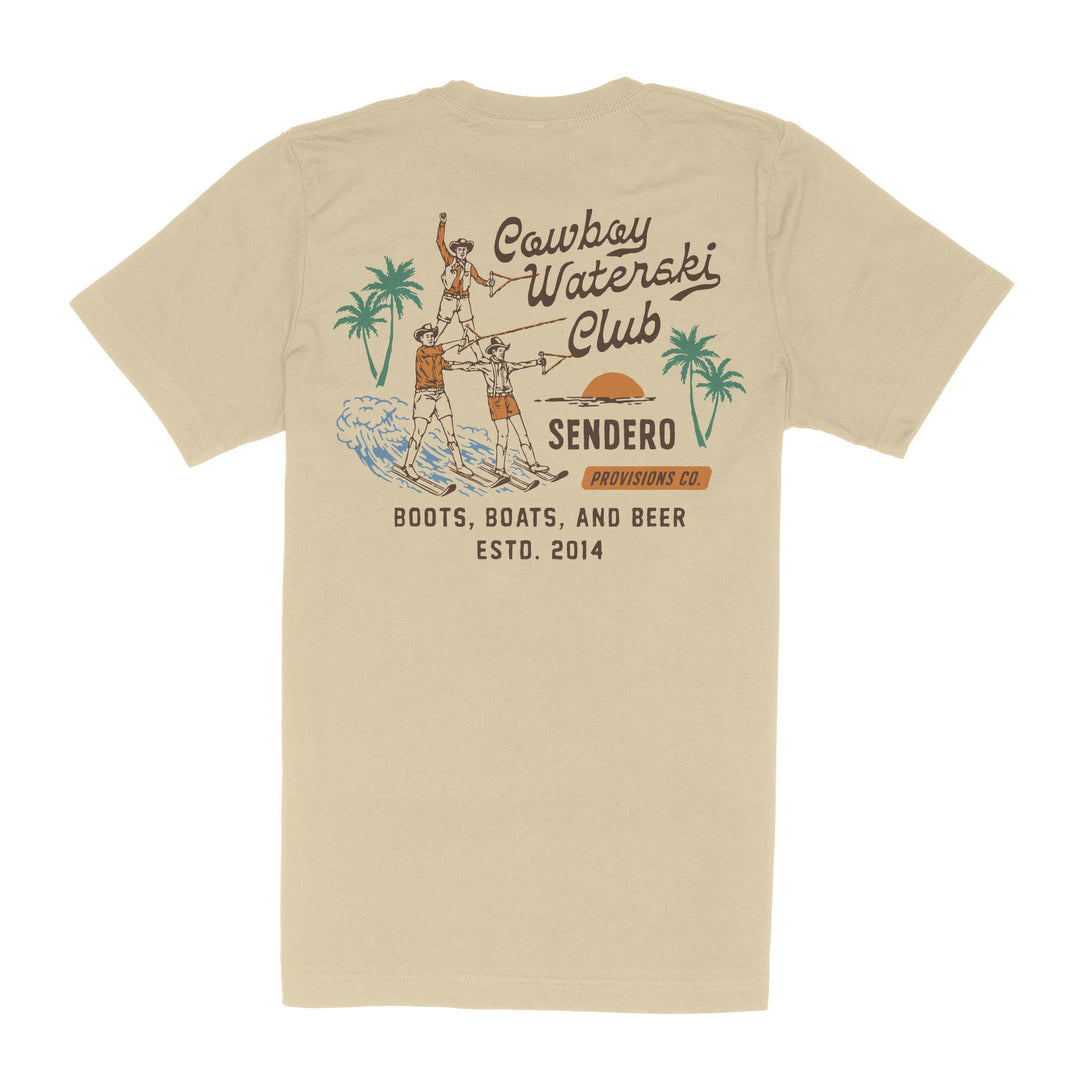 Sendero Cowboy Waterski Club T-Shirt with vintage graphic design featuring cowboys, palm trees, and text on the back.