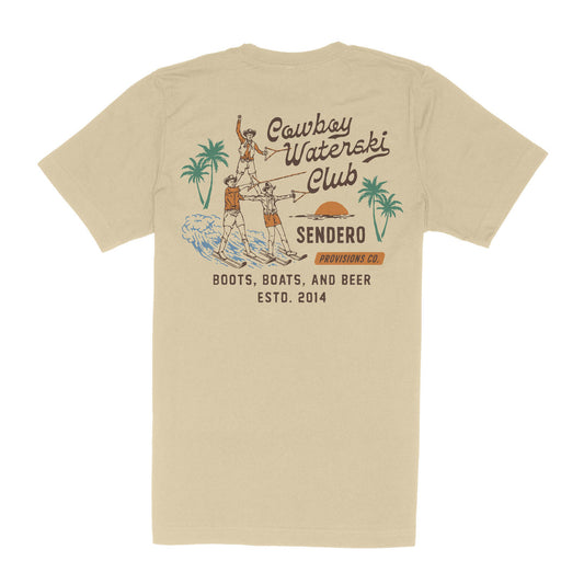 Sendero Cowboy Waterski Club T-Shirt with vintage graphic design featuring cowboys, palm trees, and text on the back.