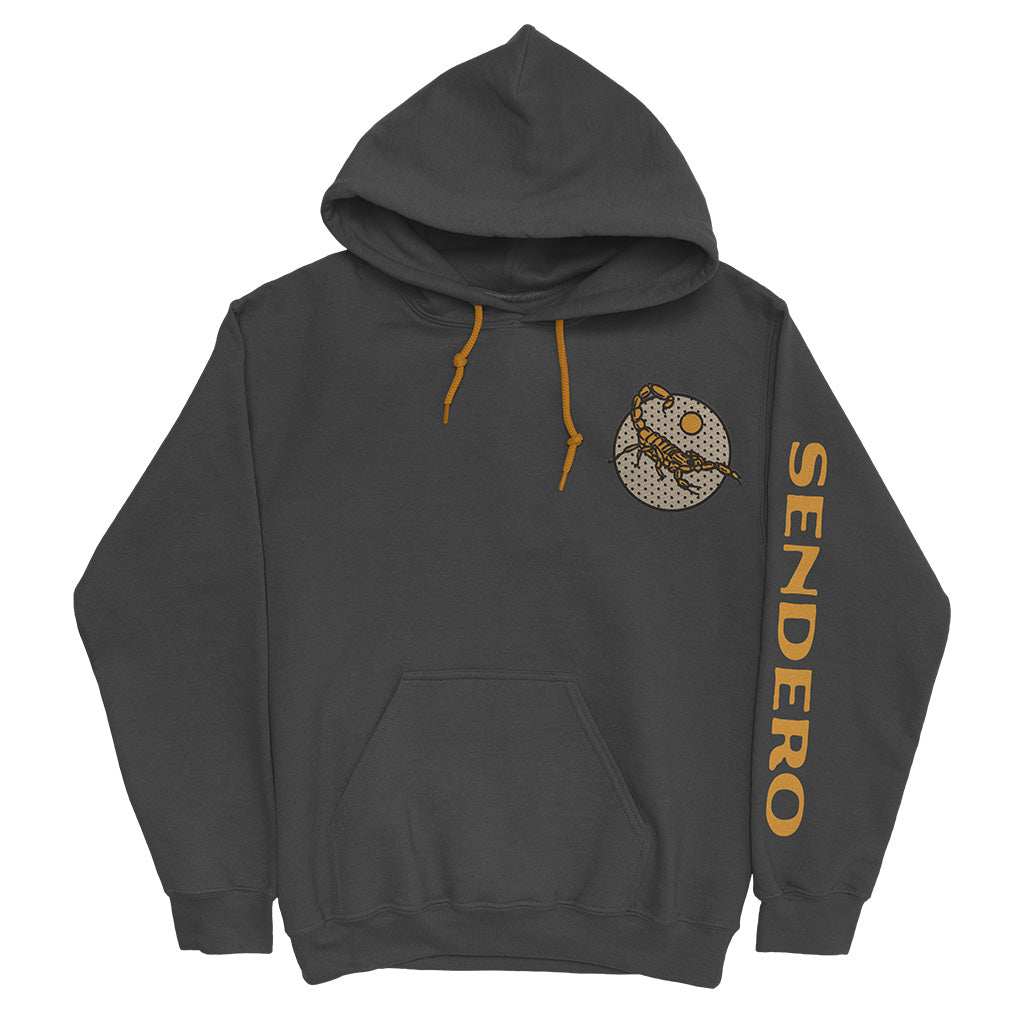 Dark Sendero Alacran hoodie with front kangaroo pocket and rubber-dipped drawstrings, featuring Sendero logo.