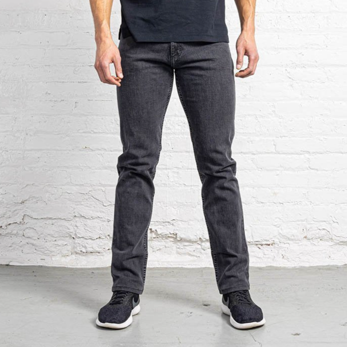 Dearborn Tailored Fit Denim in gray wash, sleek medium-rise with tapered legs, 10oz stretch blend.