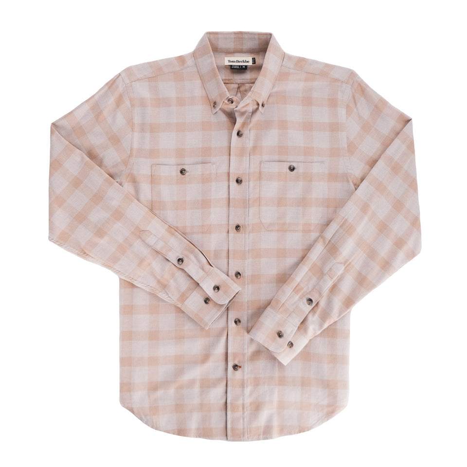 Tom Beckbe Brushed Cotton Twill Shirt in Warm Stone Plaid, classic fit, button-down collar, and chest pockets.