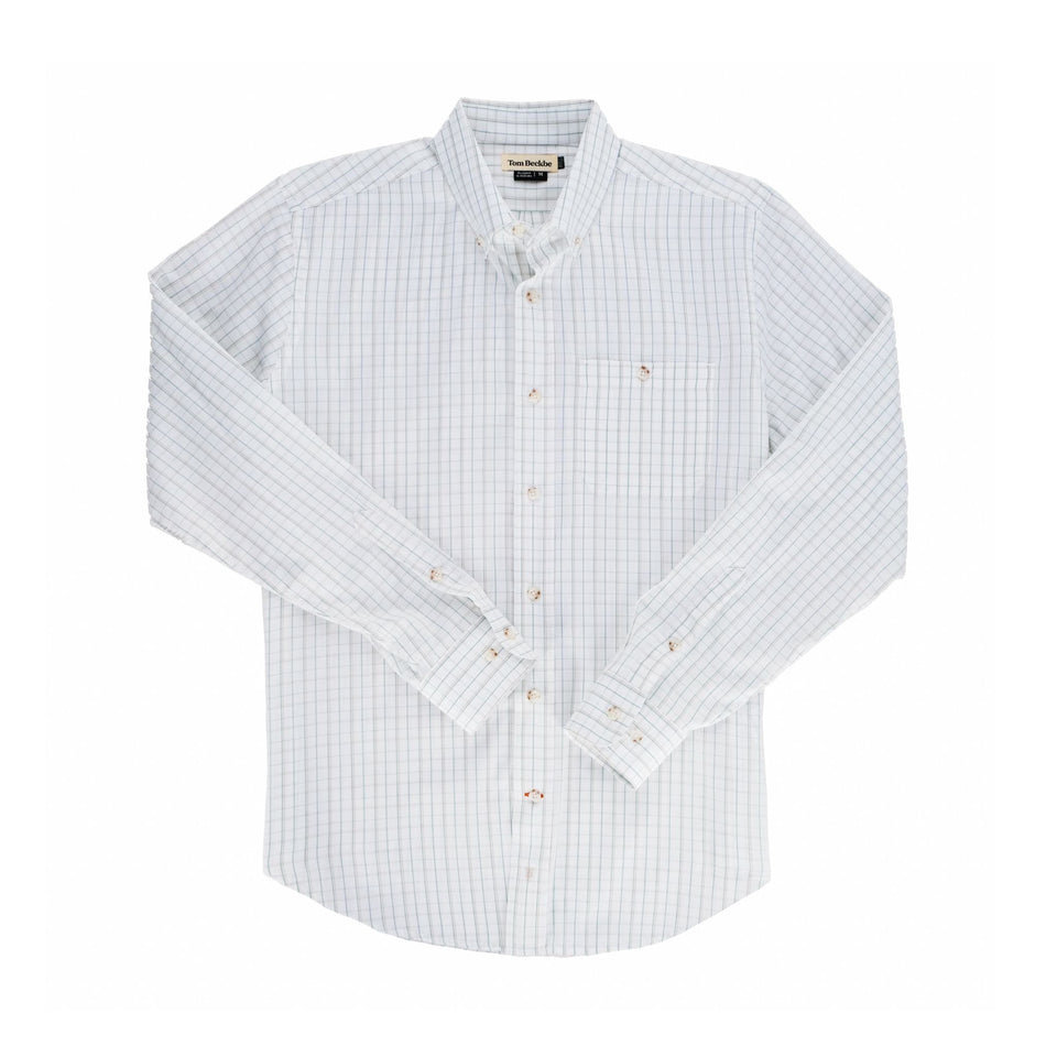 Tom Beckbe Monroe Poplin Shirt in white check with button-down collar and chest pocket.