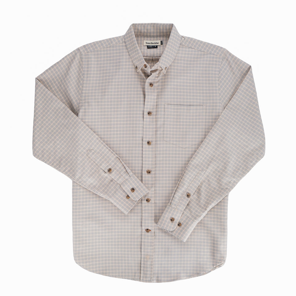 Tom Beckbe Culver Oxford Shirt in beige, made from 100% cotton, featuring a button-down collar, chest pocket, and adjustable cuffs.