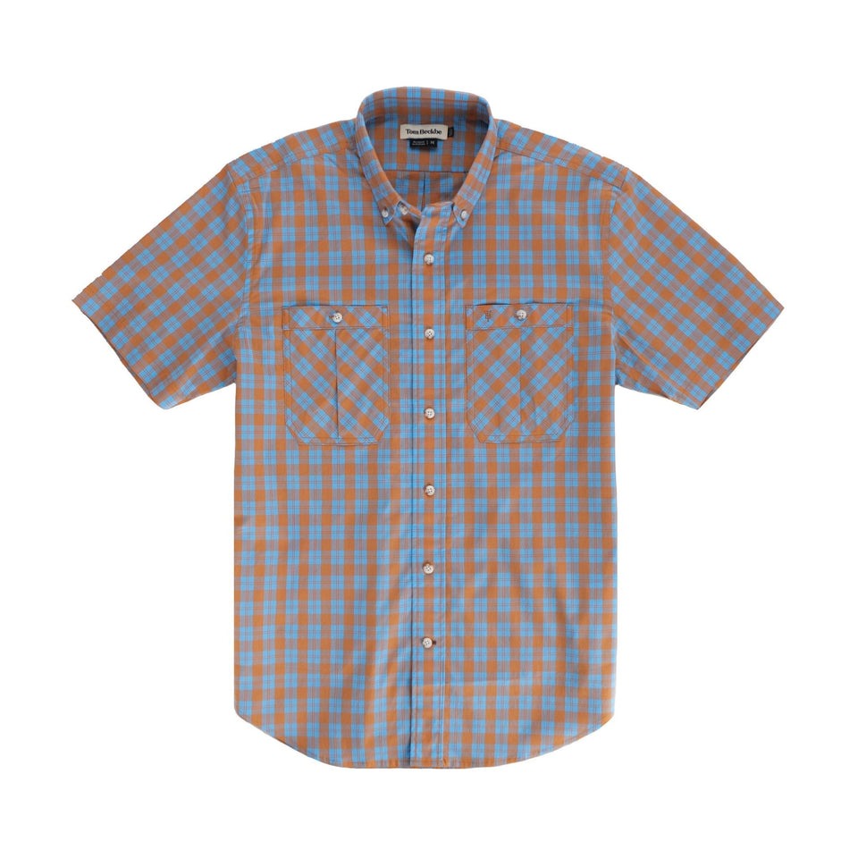 Lightweight Tidewater Shirt for men with classic fit, blue plaid pattern, pleated chest pockets, and button collar.