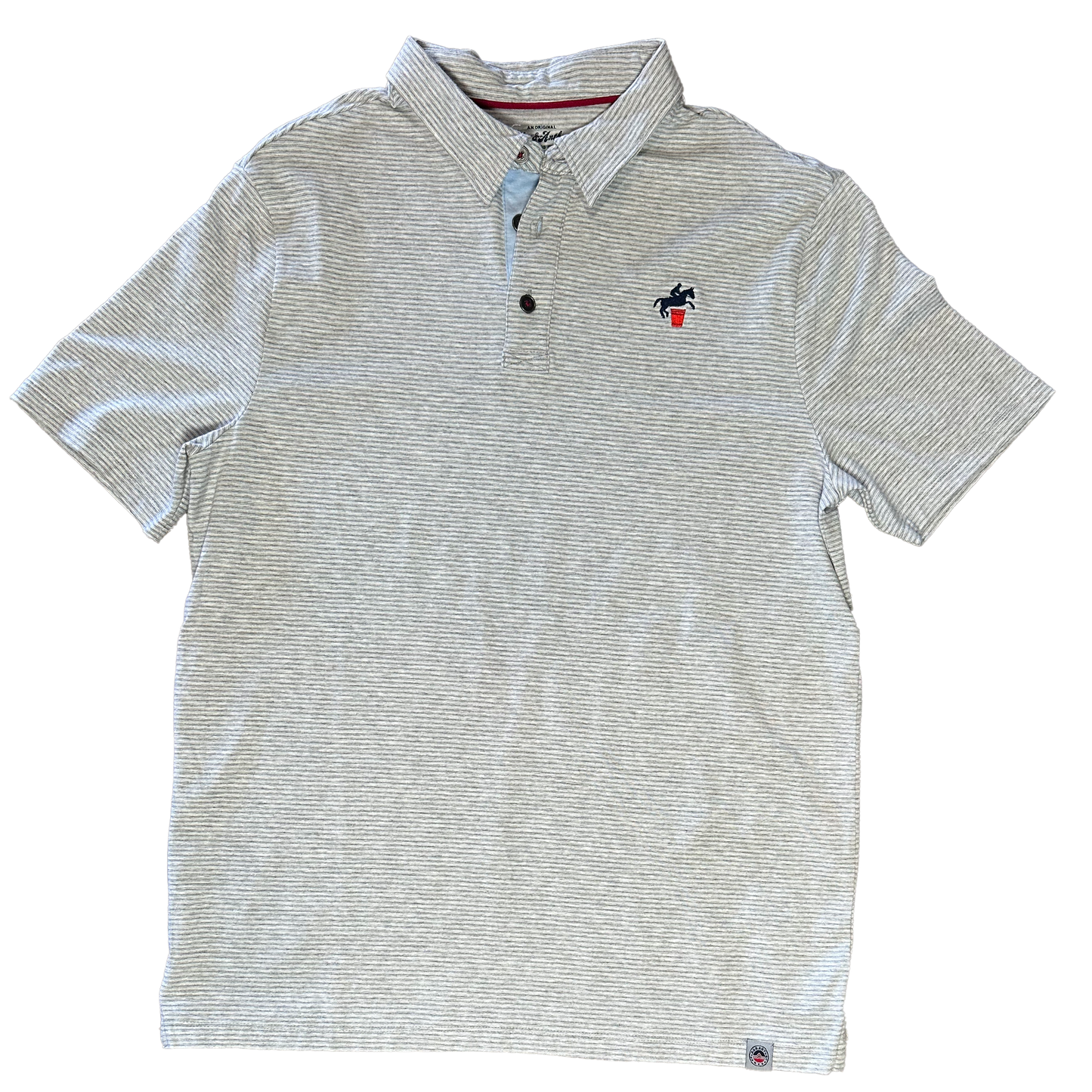 Unbridled Spirits Striped Polo with embroidered logo, classic collar, and three-button placket.