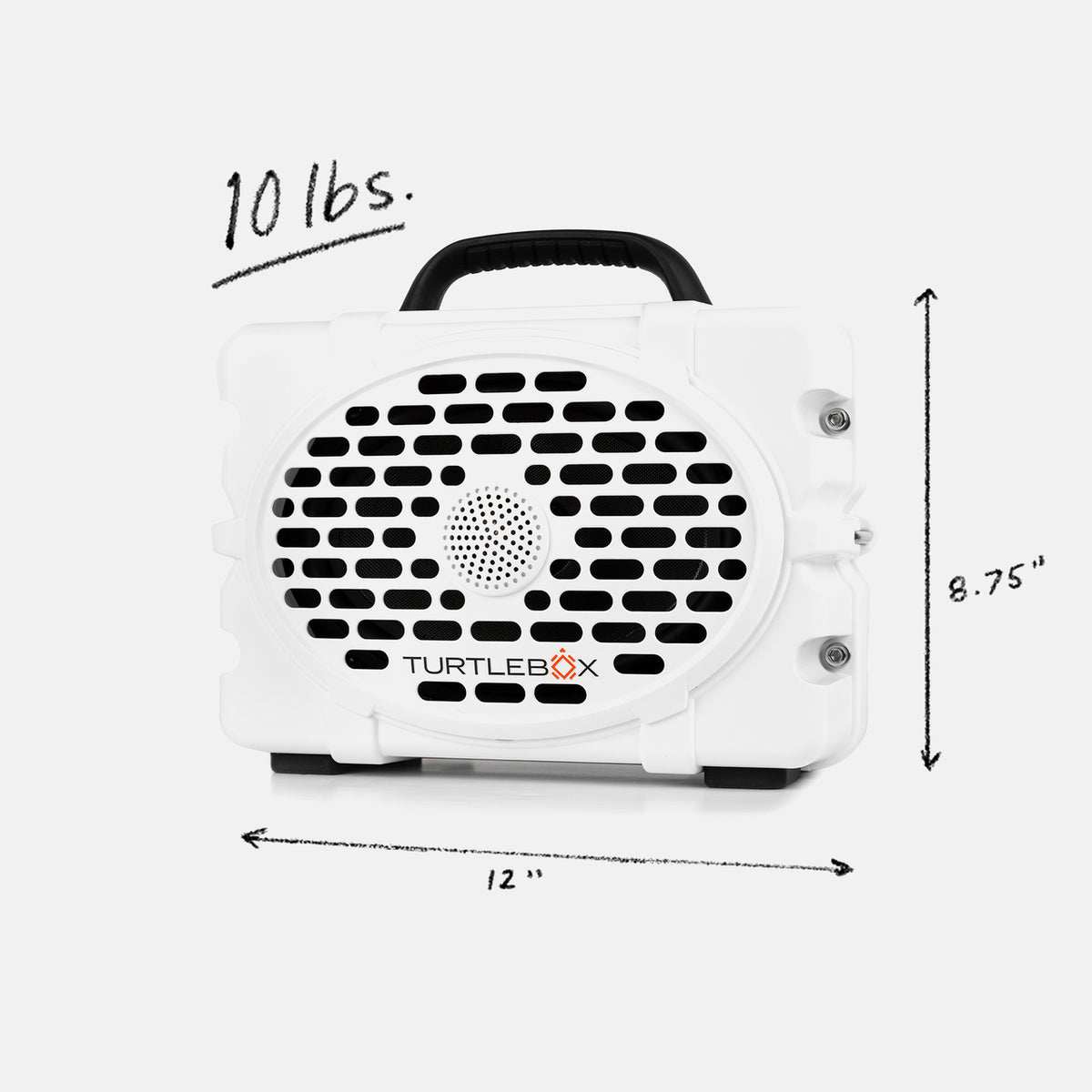 White and black Turtlebox Original Speaker with handle, waterproof and crush-proof, measuring 12 x 8.75 inches and weighing 10 pounds