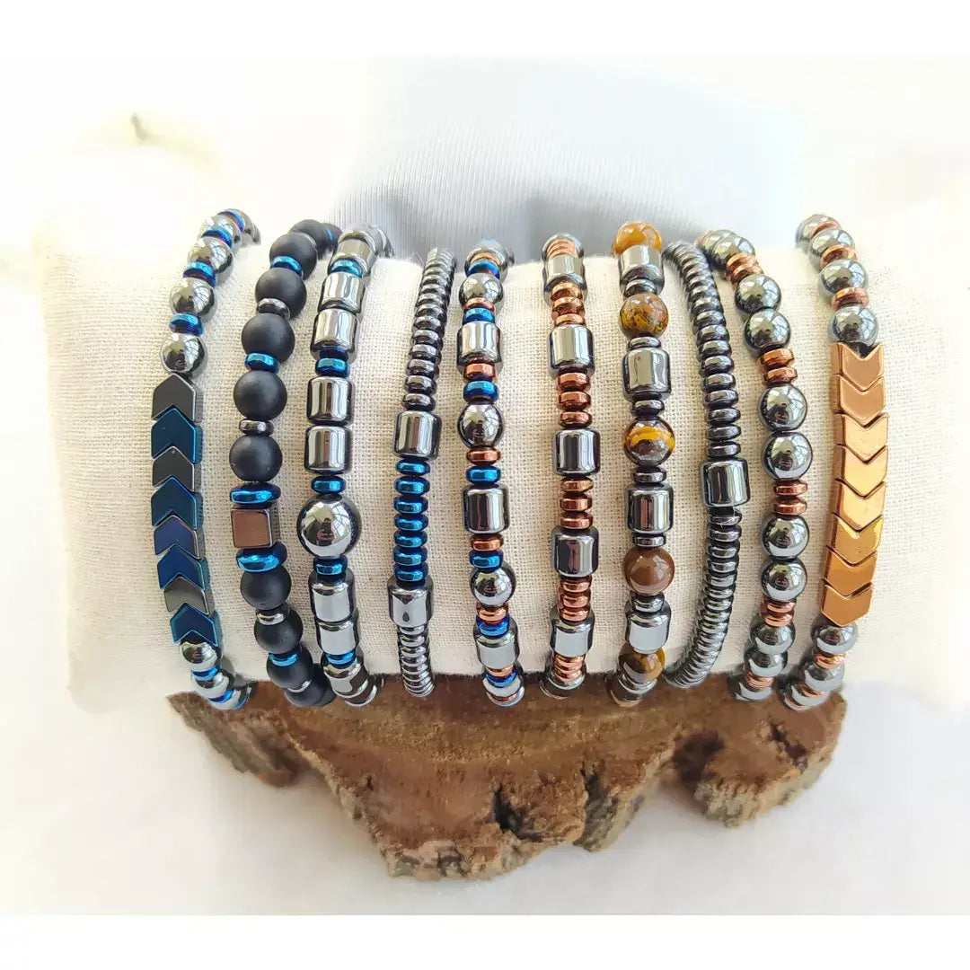 Men's Gemstone Bracelets Onyx and Hematite- Round Wood