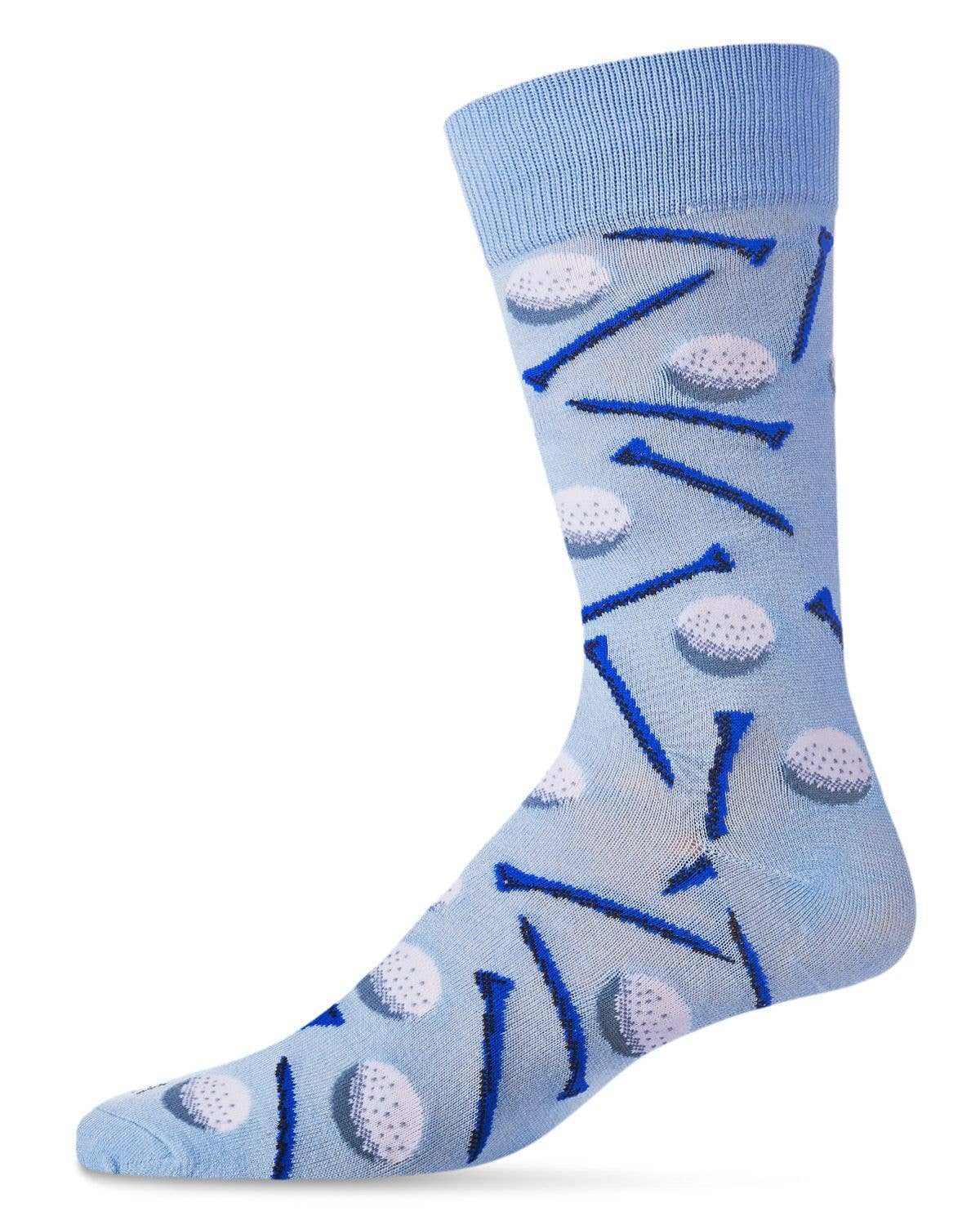 Light blue Golf Bamboo Blend crew sock with golf ball and club pattern, size 8-12, made from sustainable bamboo yarns for comfort and eco-friendliness.