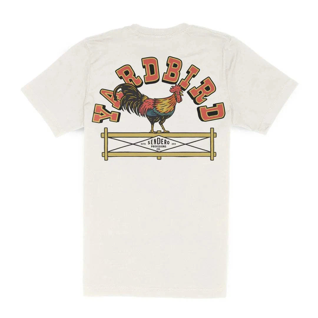Sendero Yardbird Tee with rooster graphic and bold lettering on the back.