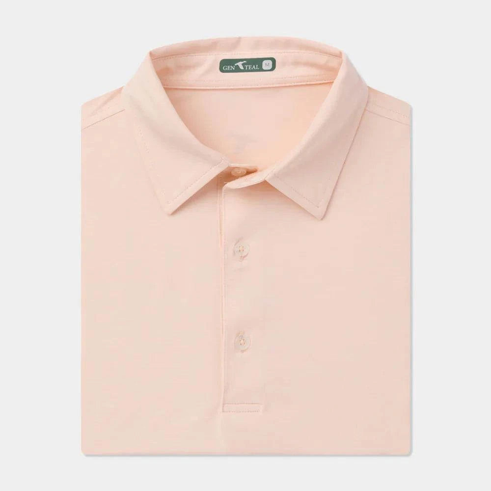 GenTeal Heritage Peach Heathered Brrrº Performance Polo folded with signature logo buttons and collar stays.