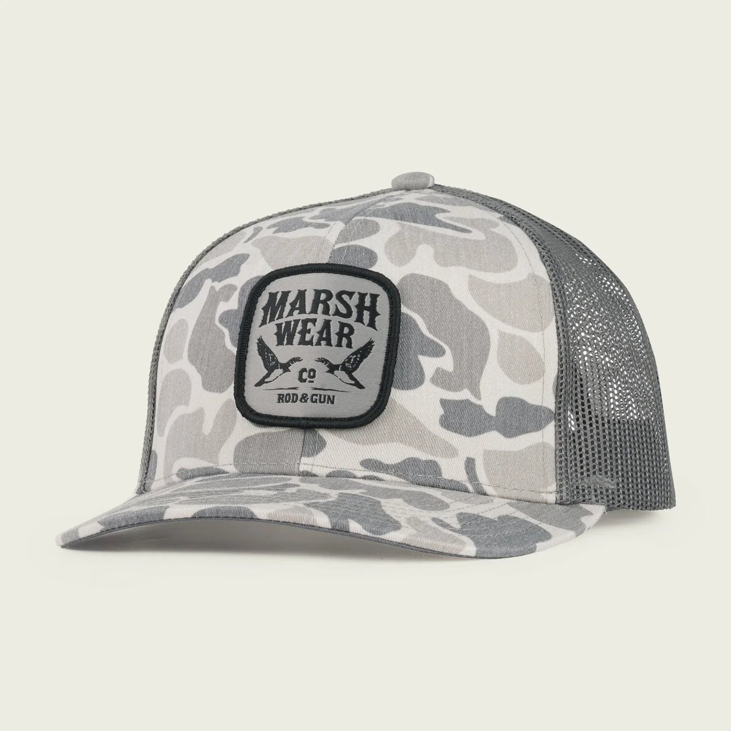 Marsh Wear Daffy Trucker Hat in Stone Mallard Camo with patch logo and adjustable snapback.