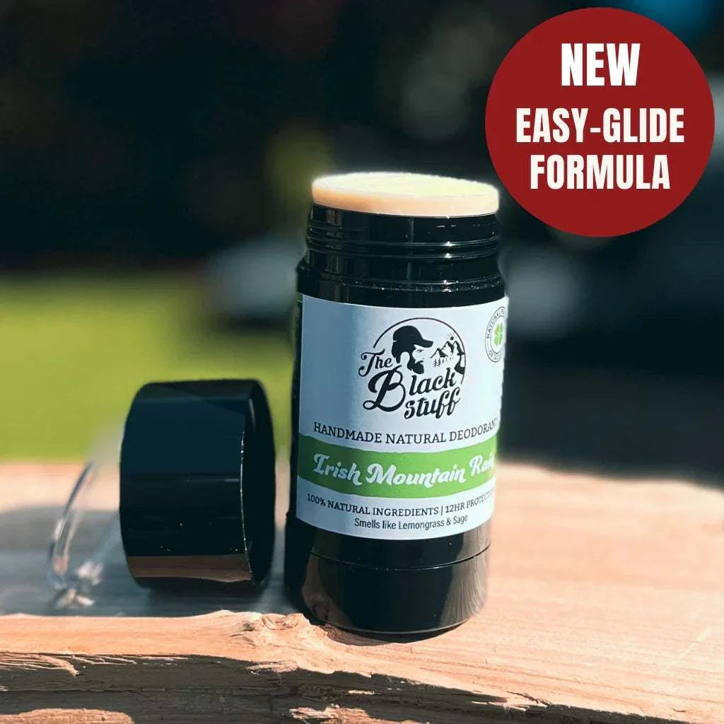 Irish Mountain Rain Natural Deodorant with essential oils in sunlight, easy-glide formula.