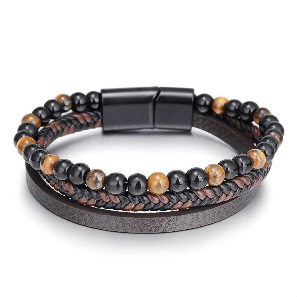 Gemstone Men's Leather Bracelets - Tigers Eye