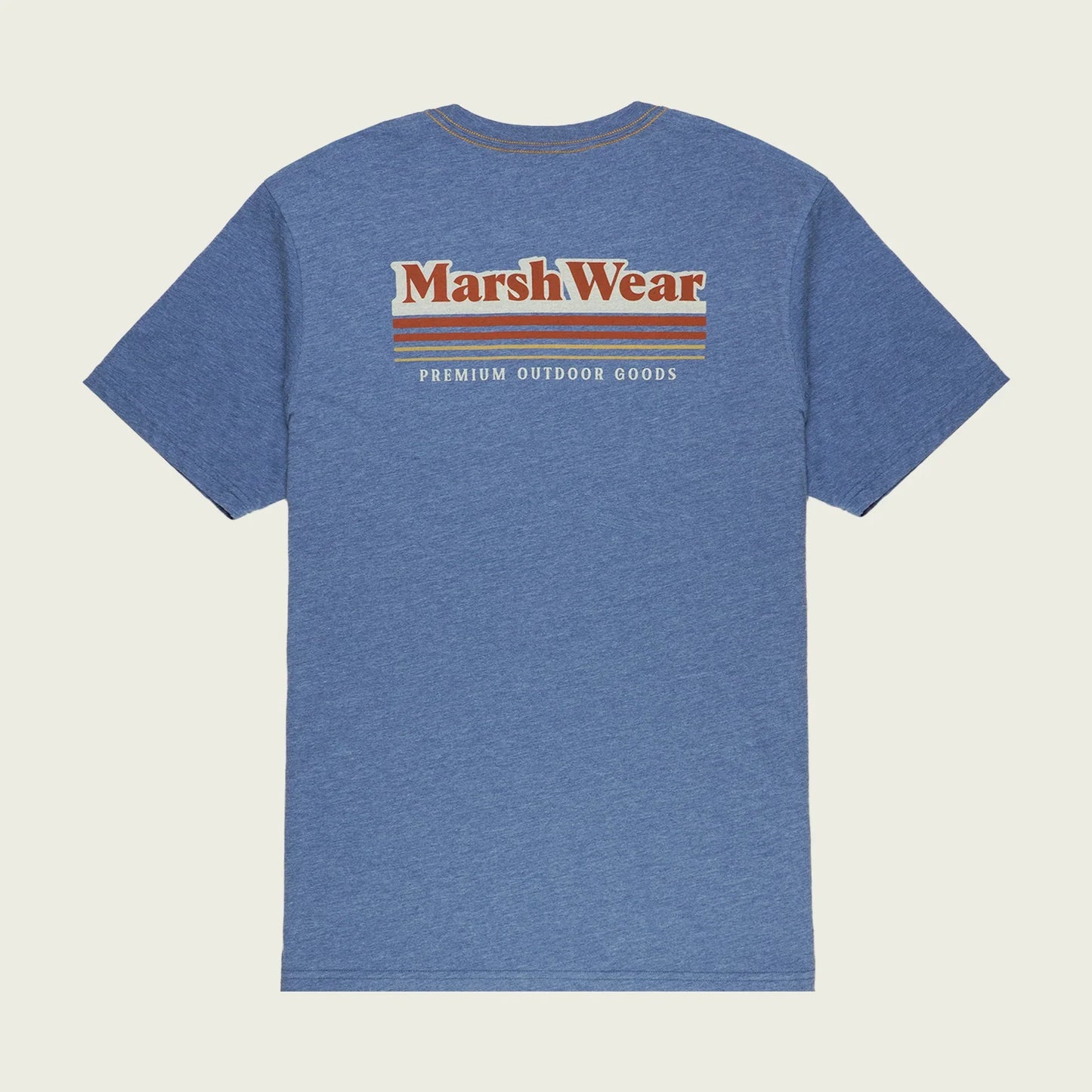 Marsh Wear Gradient Bluefin Tee in blue with logo on back, made from polyester and cotton heather.