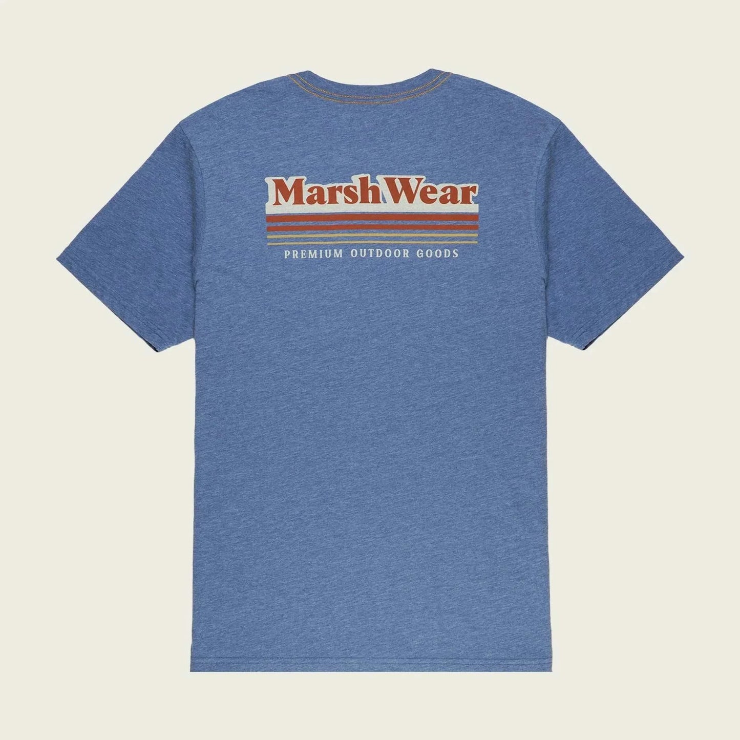 Marsh Wear Gradient Bluefin Tee in blue with logo on back, made from polyester and cotton heather.
