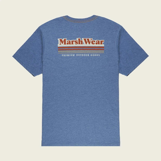 Marsh Wear Gradient Bluefin Tee in blue with logo on back, made from polyester and cotton heather.