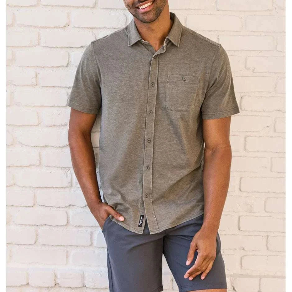 Flag and Anthem Chatham knit buttondown shirt in gray, featuring short sleeves and a chest pocket.