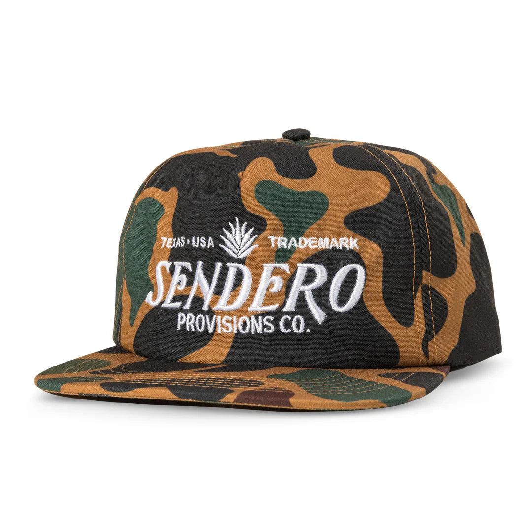 Field camo Sendero logo hat with embroidered design and snapback style.