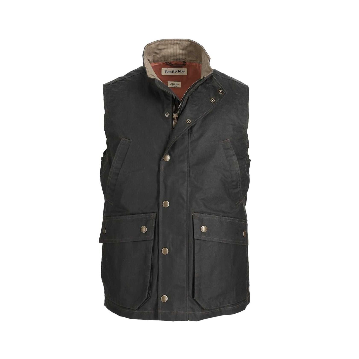 Tom Beckbe Kinsman Waxed Canvas Vest in Hardwood color, featuring durable weatherproof 6oz waxed cotton, Bedford corduroy collar, and multiple pockets.