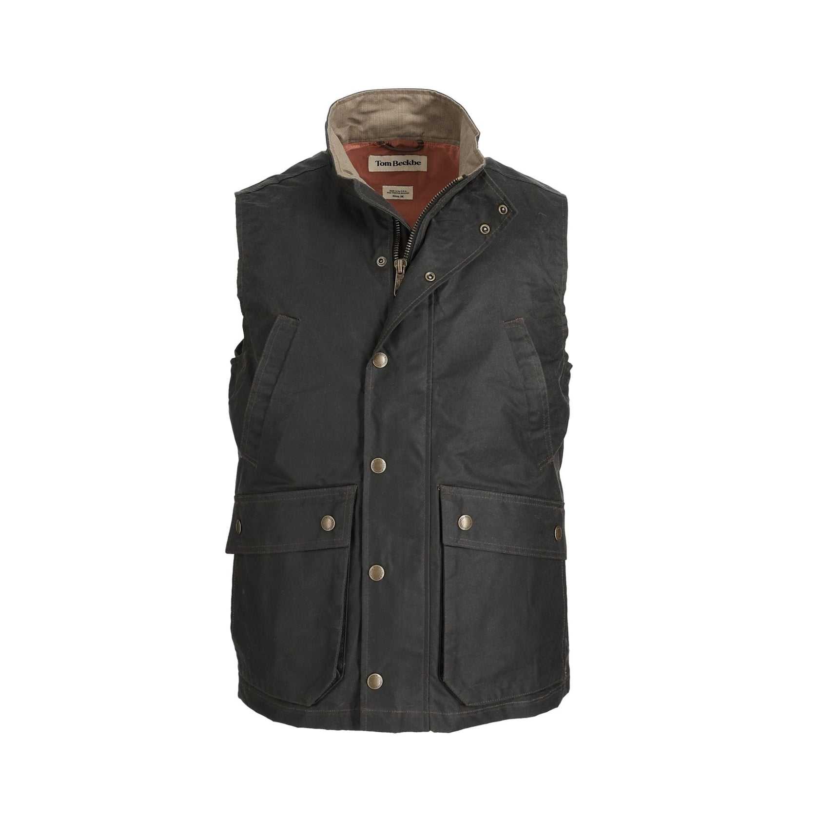 Tom Beckbe Kinsman Waxed Canvas Vest in Hardwood color, featuring durable weatherproof 6oz waxed cotton, Bedford corduroy collar, and multiple pockets.