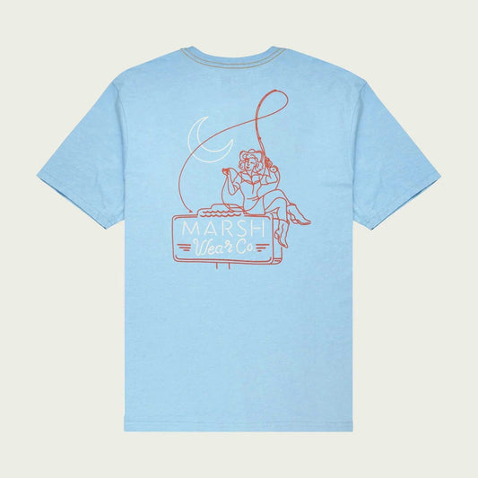 Marsh Wear Pin up Tee, blue, polyester and cotton blend, graphic design on back.