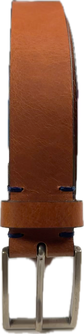 Italian Made Leather Belt - Cognac with Blue Stitch
