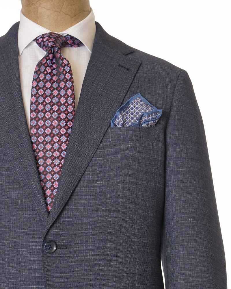 Navy Textured Solid wool-blend suit jacket with notch lapel, two-button front, patterned tie and pocket square