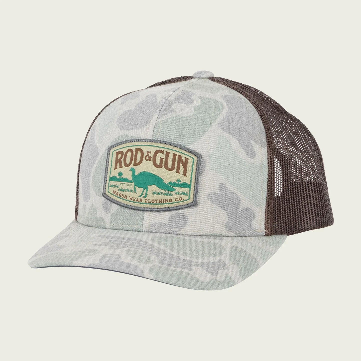 Marsh Wear Rod & Gun green camo hat with snapback and woven patch.