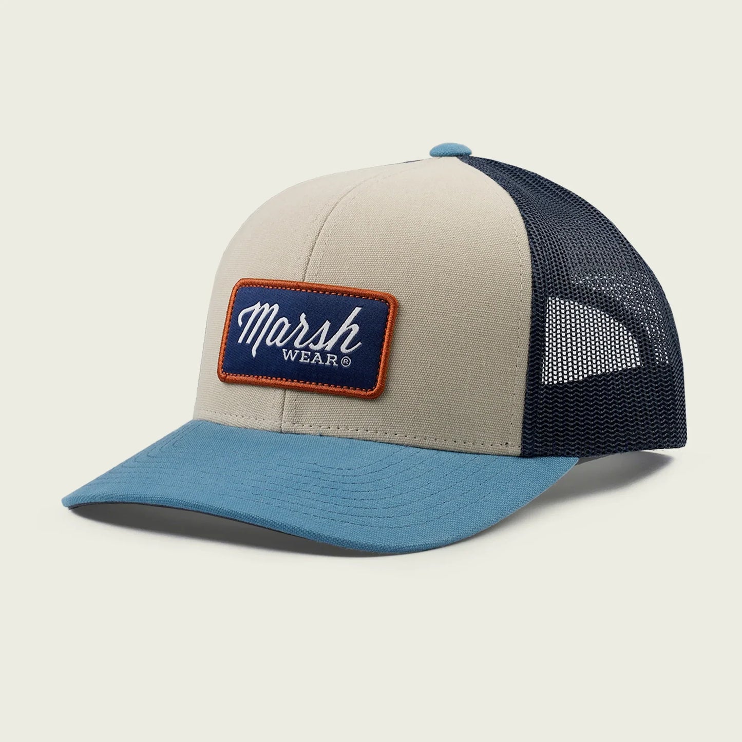 Marsh Wear Script Trucker Hat with structured design, mid-profile fit, and snapback closure.