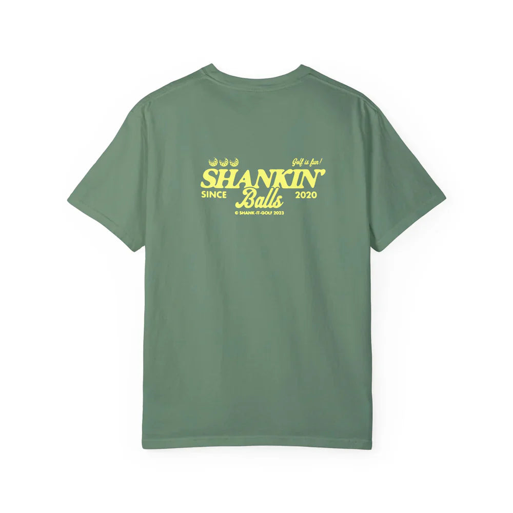 Green "Shankit Shankin Balls Since 2020" tee shirt with bold yellow lettering design on back.
