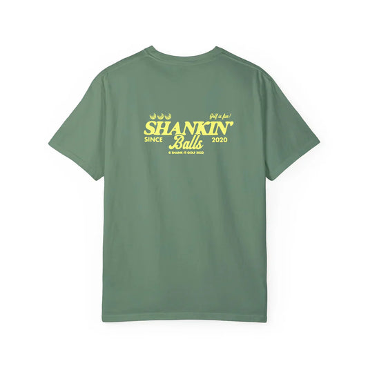 Green "Shankit Shankin Balls Since 2020" tee shirt with bold yellow lettering design on back.