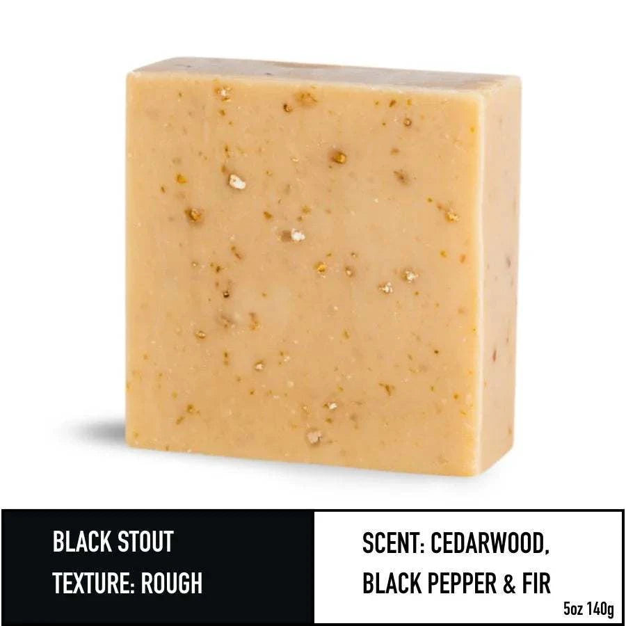 Black Stout Soap with cedarwood, black pepper, and fir scent.