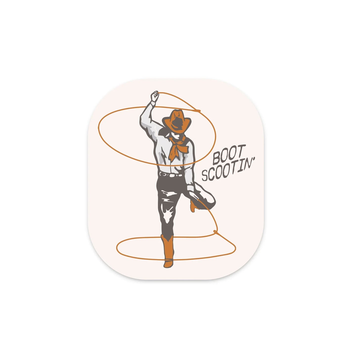 Cowboy-themed boot scootin' sticker with lasso design, 3x3.4 inches vinyl die cut.