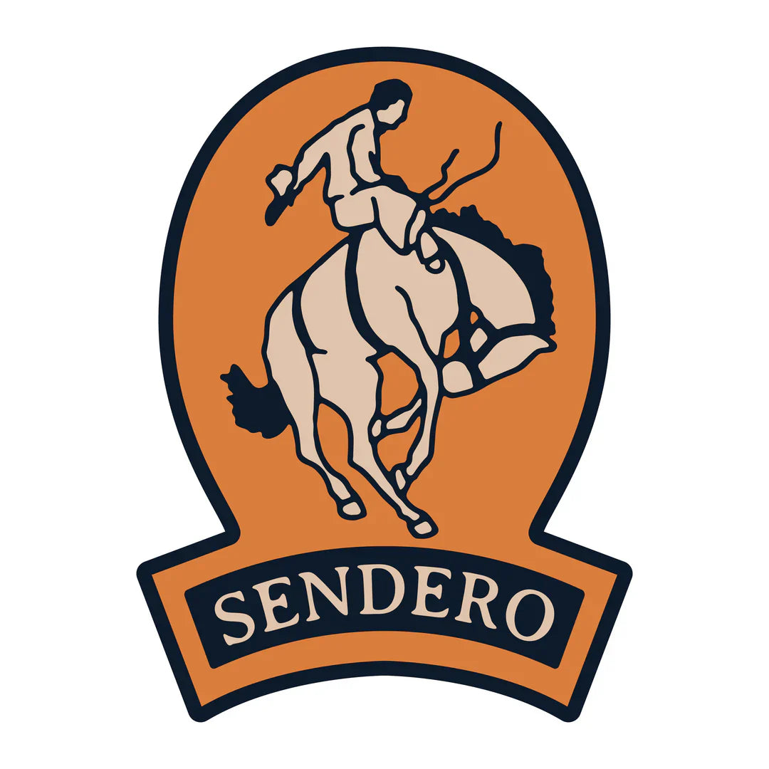 Sendero Best Buckin' Sticker featuring a rodeo rider on a horse, 2.2" x 3" vinyl matte design.
