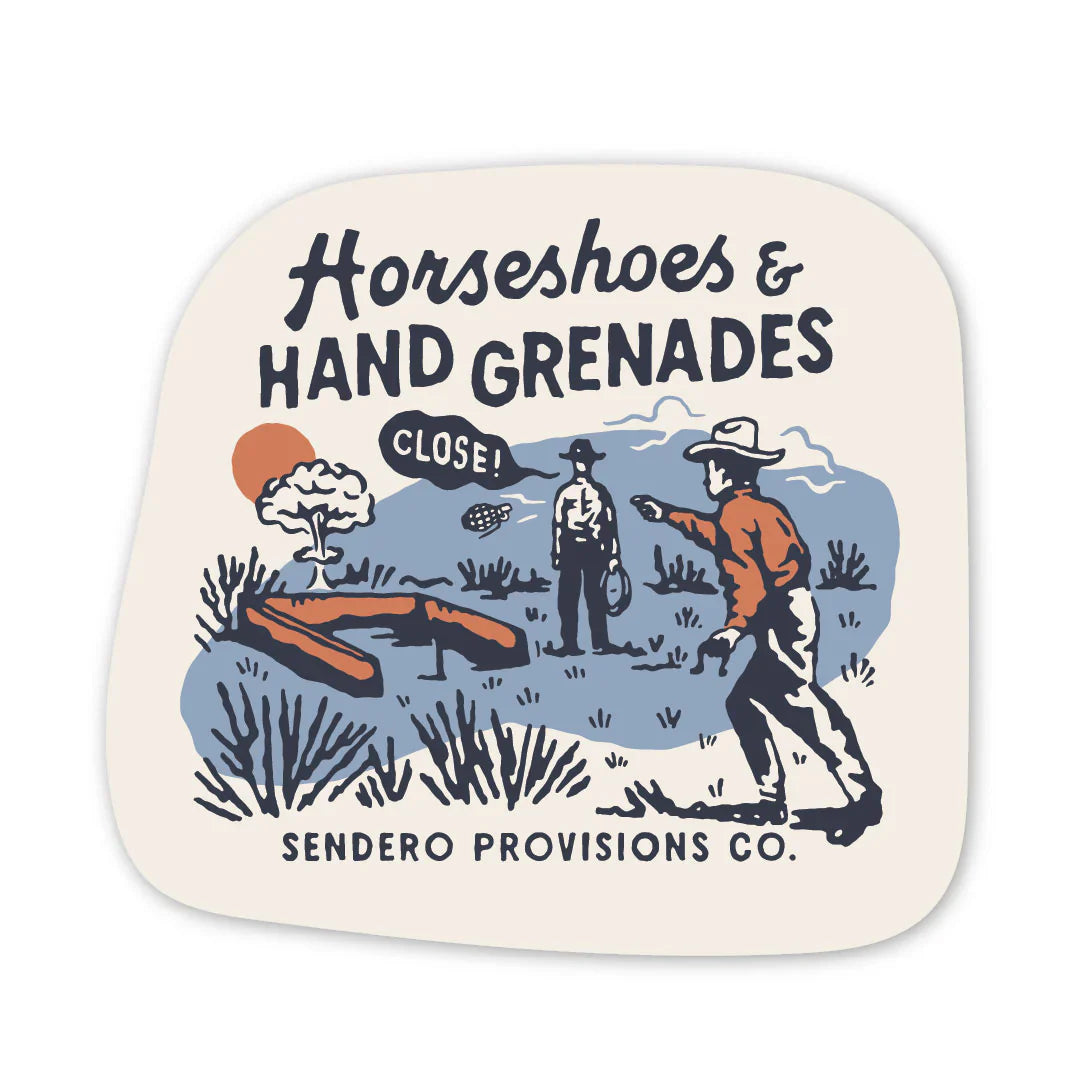 Sendero "Close" Sticker, vinyl die-cut, featuring horseshoes and hand grenades graphic, 3.3" x 3.00".