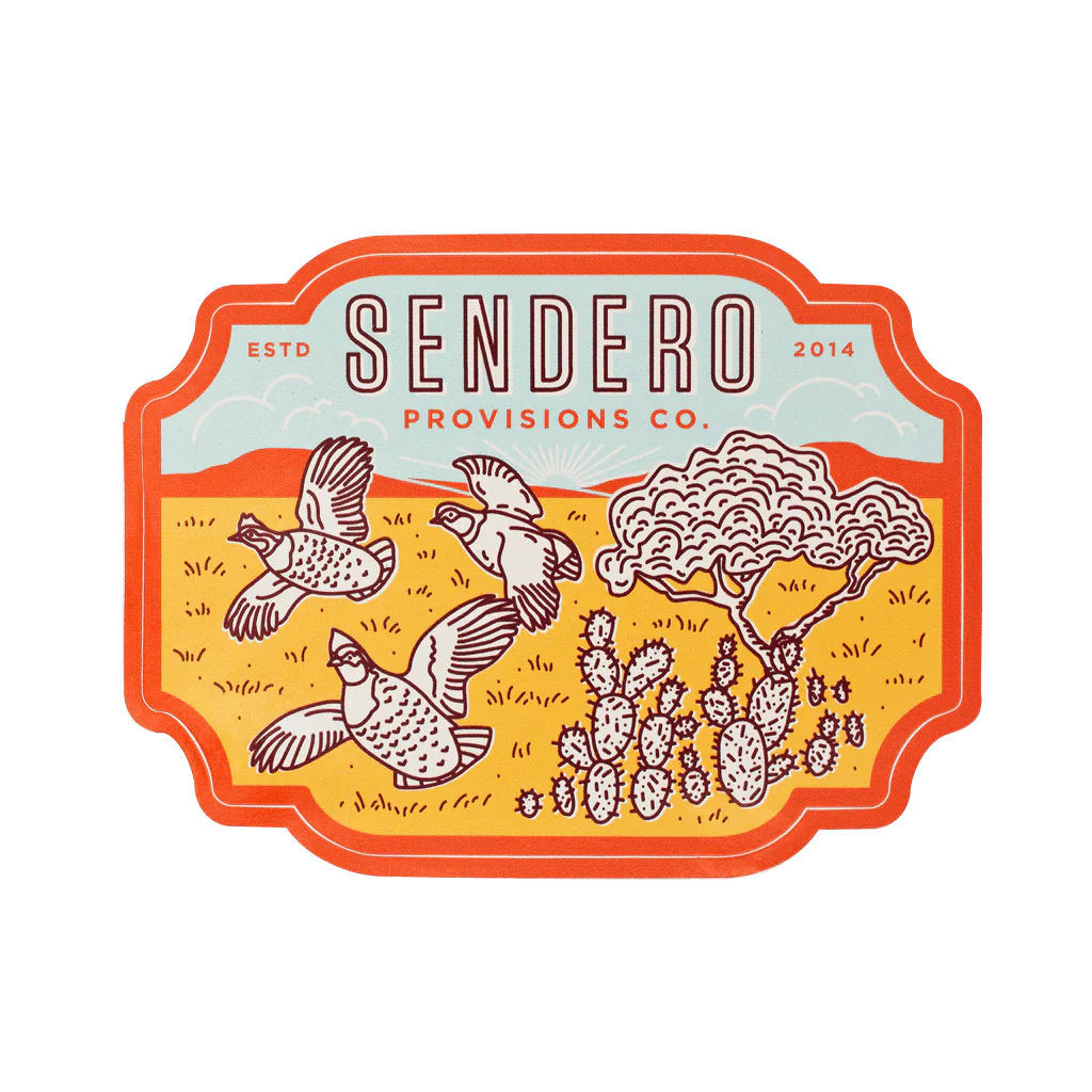 Sendero Covey Sticker featuring birds and nature scene, 4" x 5.5" vinyl die-cut.