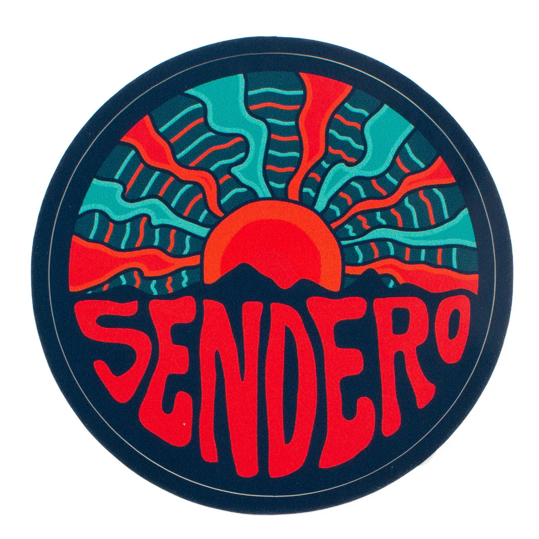 Sendero Del Sol vinyl die cut sticker with vibrant sunset design, 3 inches.