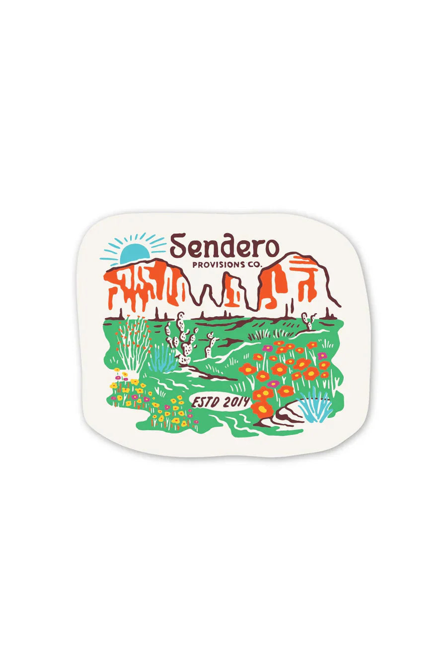 Sendero Desert Bloom Sticker featuring colorful desert landscape in vinyl die-cut design.