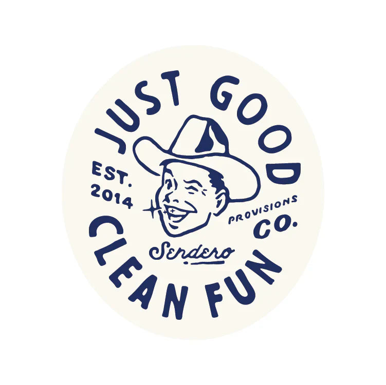 Sendero Good Clean Fun vinyl die-cut matte sticker, 3x3.49 inches, featuring retro cowboy design.