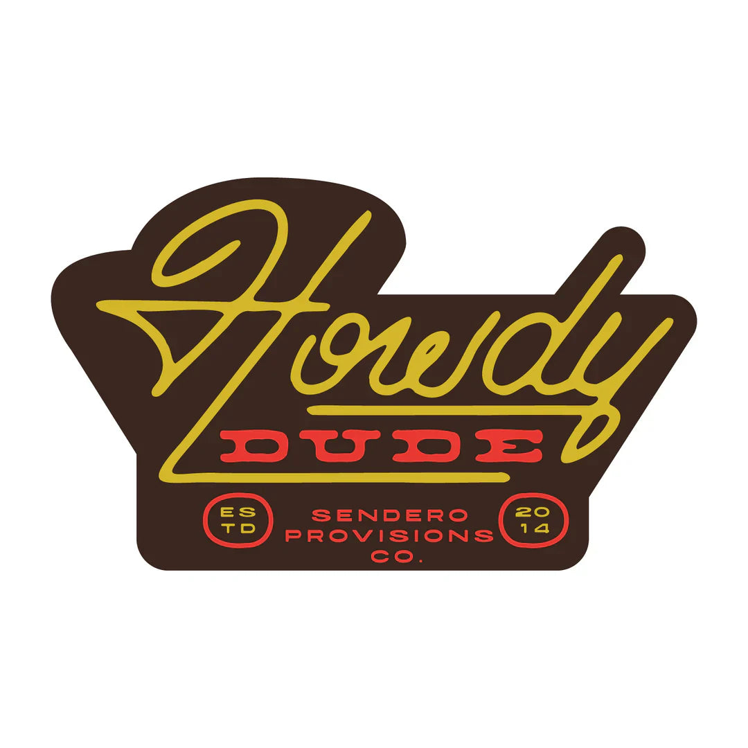 Vinyl die-cut "Howdy Dude" sticker with modern cowboy design, 4.75" x 2.9".