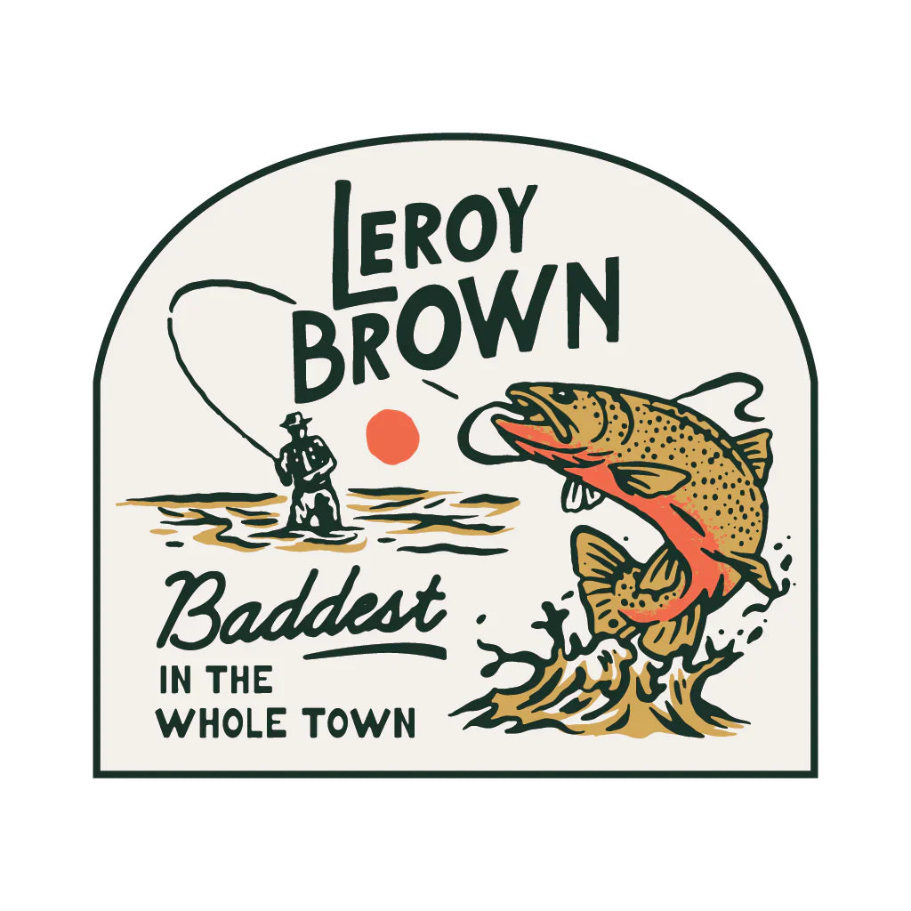 Sendero Leroy Brown vinyl die-cut matte sticker with trout illustration, 3.75" x 3.33".