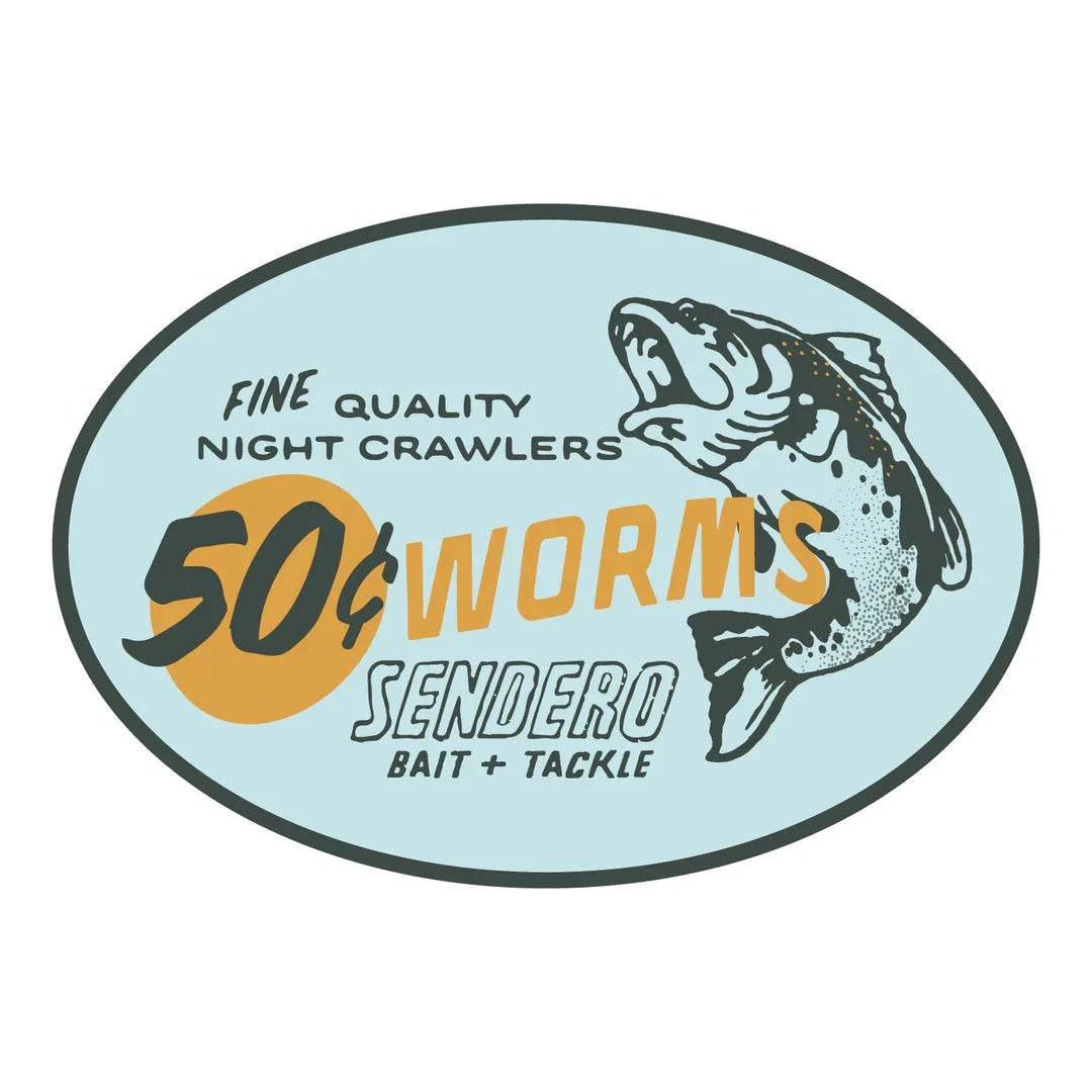 Vinyl die-cut sticker featuring "50 Cent Worms" design from Sendero Bait and Tackle, glossy finish.
