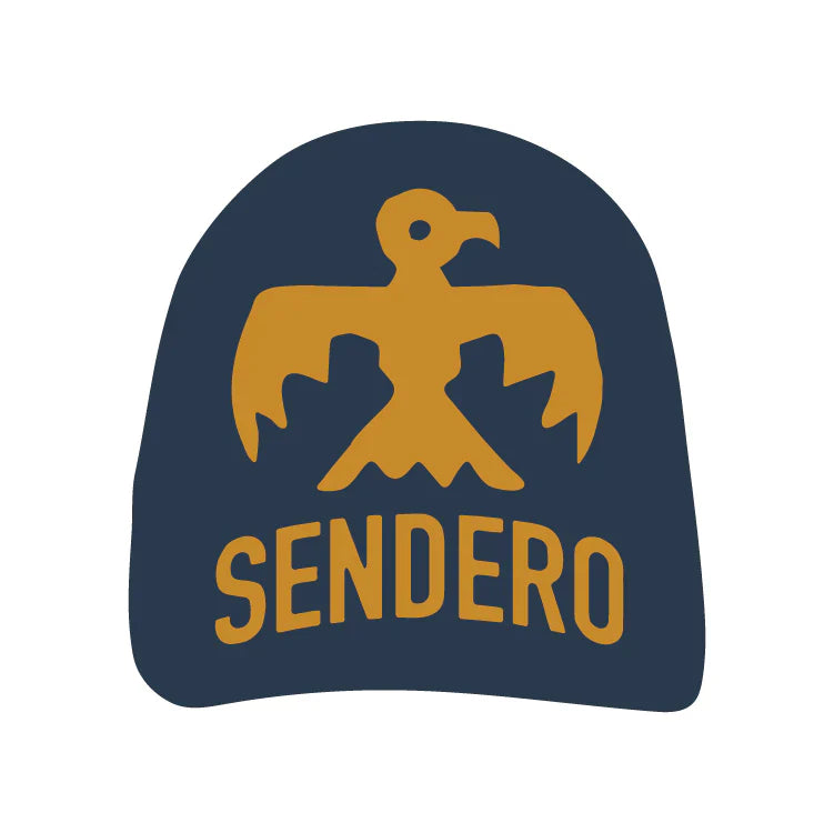 Sendero Thunderbird sticker, navy and gold, vinyl die-cut, 3x3 inches.
