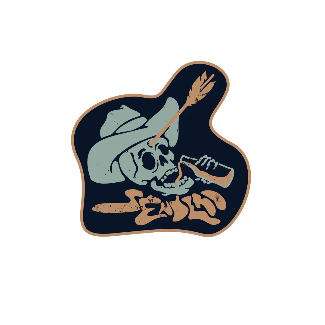 Vinyl die-cut Sendero Tiro Muerto sticker featuring a skull with a cowboy hat and arrow, 3x3 inches.
