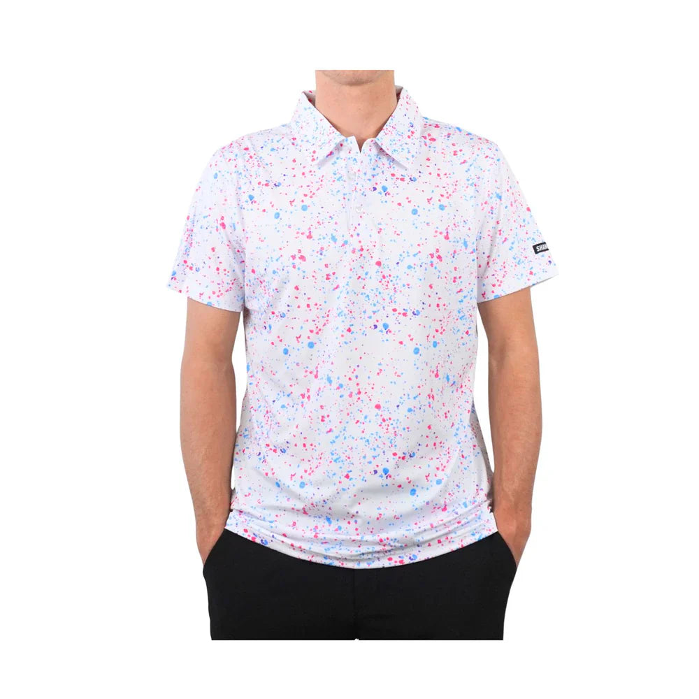 Paint Splatter White Polo with colorful speckles, athletic fit, made of polyester and spandex for comfort and flexibility.