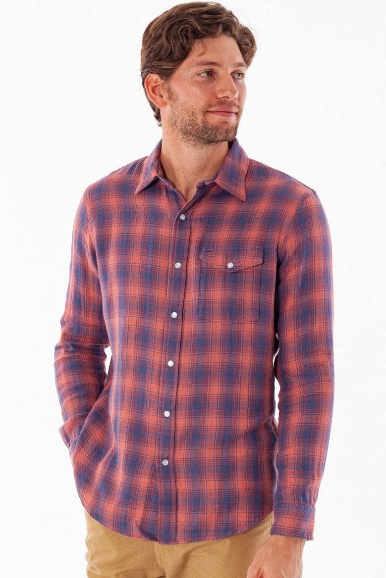 Criquet Double Cloth Flannel shirt in navy and rust plaid, with pearl snaps, a pointed collar, and chest pocket.