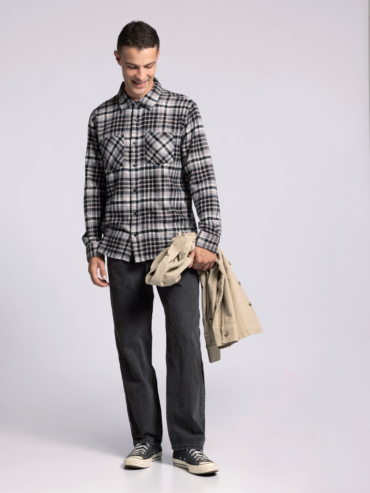 Thread & Supply Elk Slub Flannel - Cream Black Plaid
