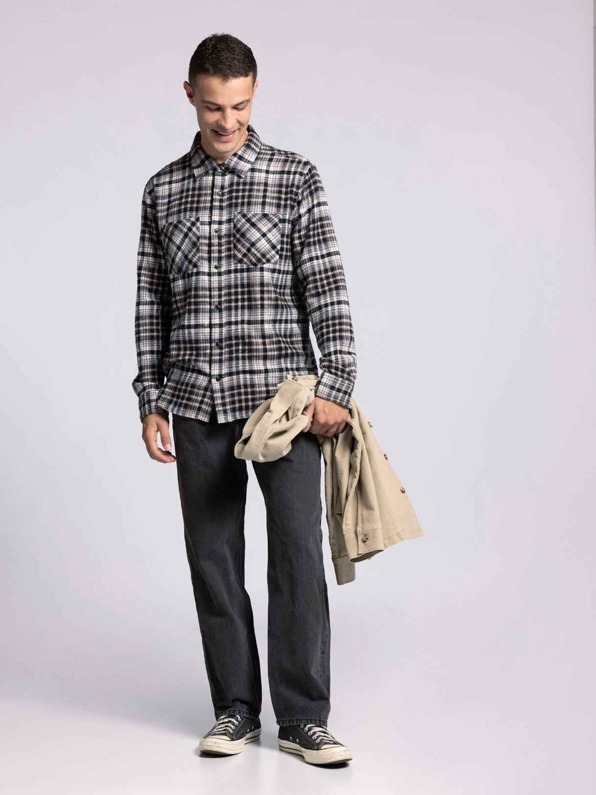 Thread & Supply Elk Slub Flannel - Cream Black Plaid