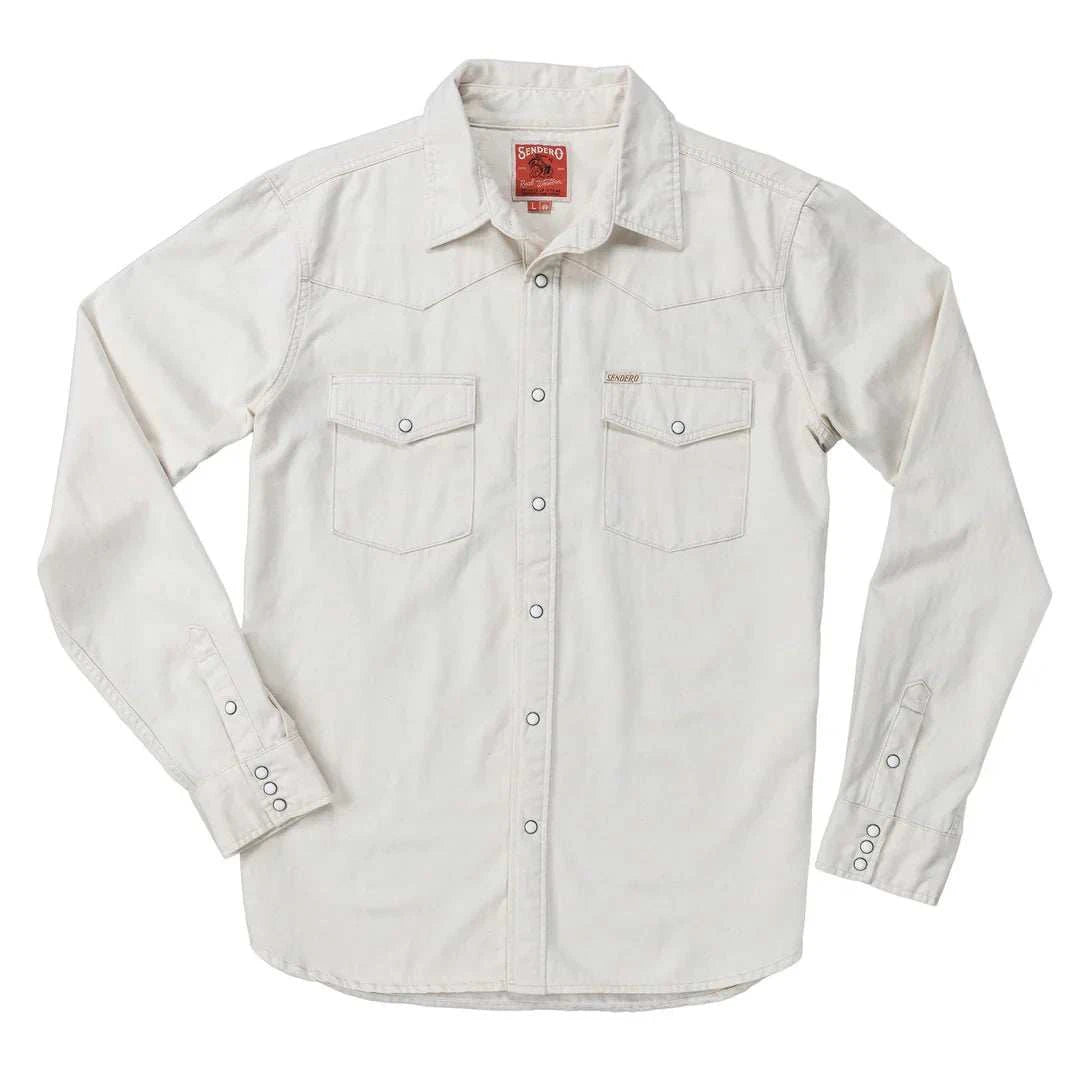 Sendero Wyatt Pearl Snap Shirt in vintage denim with western yokes and pearl snaps.