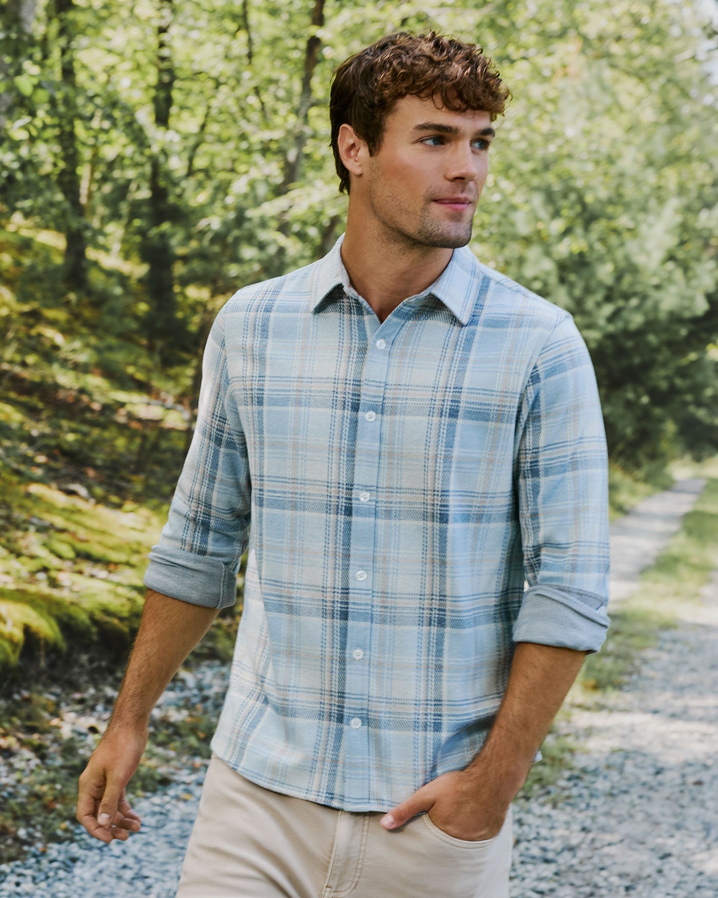 Flag and Anthem Hero Stretch Flannel Shirt - Light Blue/Cream